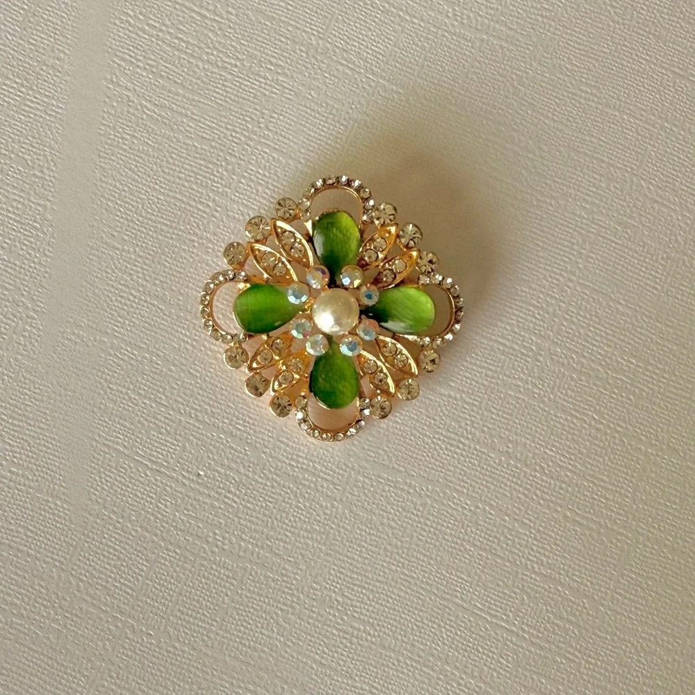 Gold Tone Rhinestone Flower Brooch Faux Pearl Green Lucite Pin 1.5